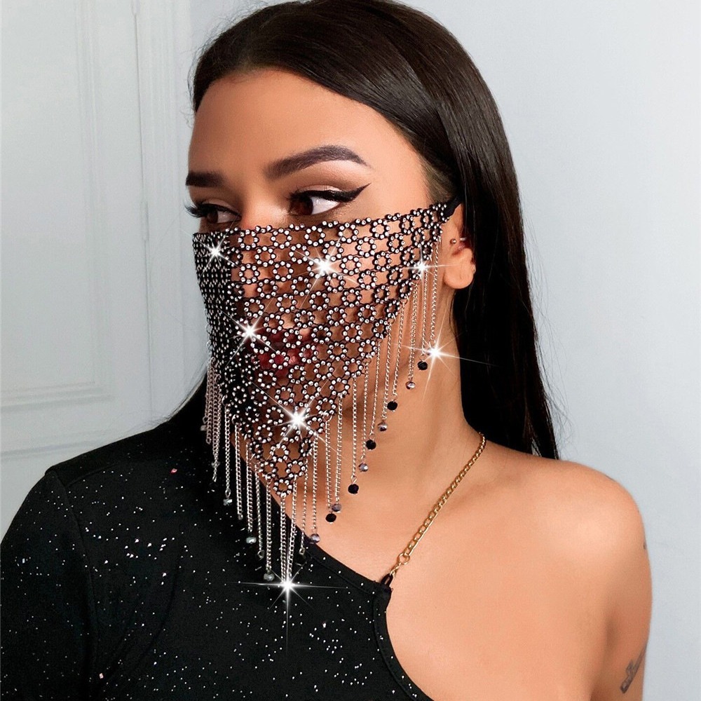 Rhinestone Party Mask Sparkly Crystal Face Mask with Hanging Chains